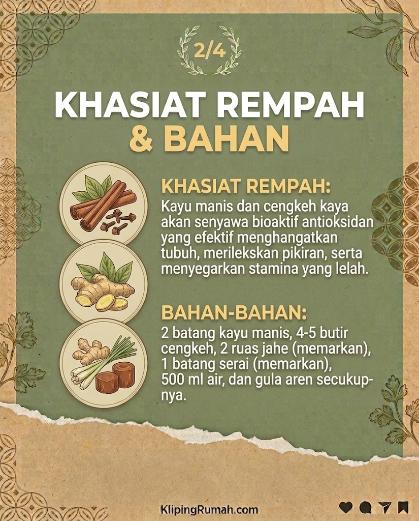 Temukan resep wedang kayu manis cengkeh yang kaya senyawa bioaktif untuk menghangatkan tubuh, merilekskan pikiran, serta menyegarkan stamina.