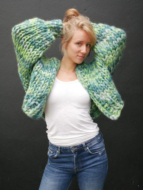 chunky-knit-melange-green-short-sweater-cardigan-jumper-fashion-trends-design-panapufa
